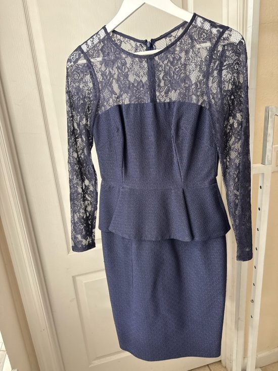 David Meister Navy Lace Long-Sleeve Peplum Sheath Dress - Picture 2 of 12